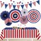 9pcs Patriotic 4th of July Decoration Set – Red White and Blue Paper Fans, USA Pennant Bunting & Star Streamers – Includes Waterproof Patriotic Tablecloth – All-in-One Decor Kit for Memorial Day, July 4th & Veterans Day